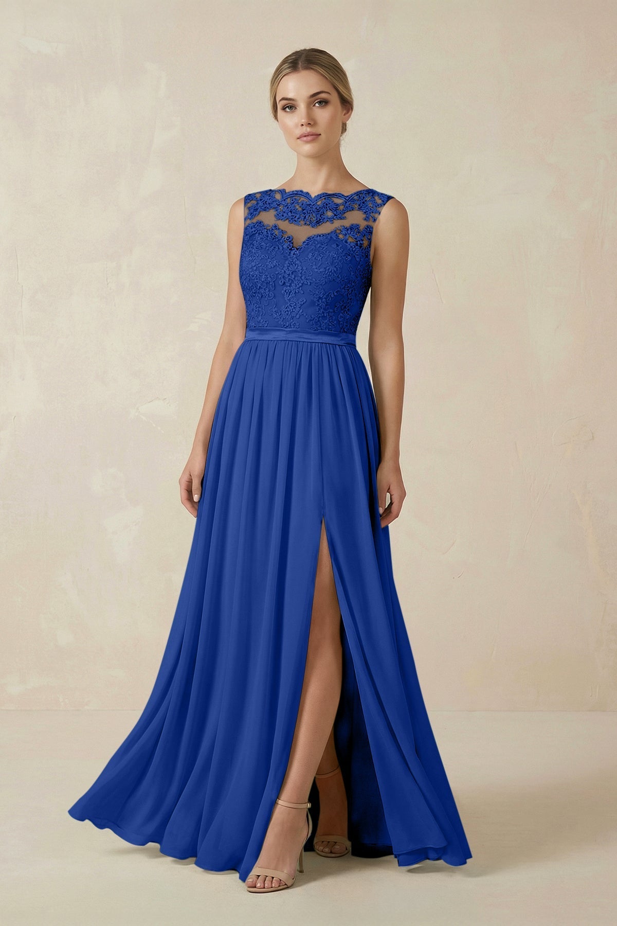 KissProm Lace A-Line Bateau Neck Chiffon Long Bridesmaid Dress in Royal Blue, Royal Blue / 26