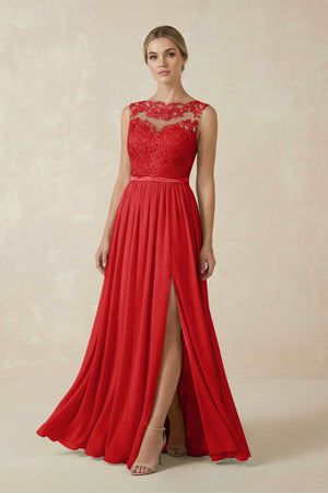 Lace A - Line Bateau Neck Chiffon Long Bridesmaid Dress in Ruby Red - KissProm Bridesmaid Dresses