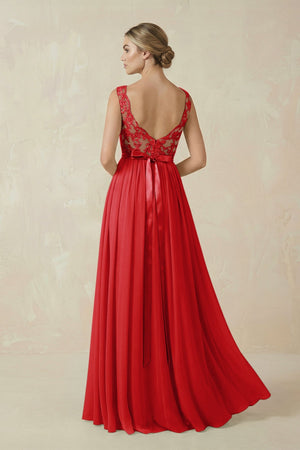 Lace A - Line Bateau Neck Chiffon Long Bridesmaid Dress in Ruby Red - KissProm Bridesmaid Dresses