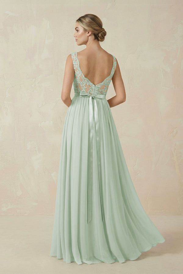 Lace A - Line Bateau Neck Chiffon Long Bridesmaid Dress in Sage - KissProm Bridesmaid Dresses
