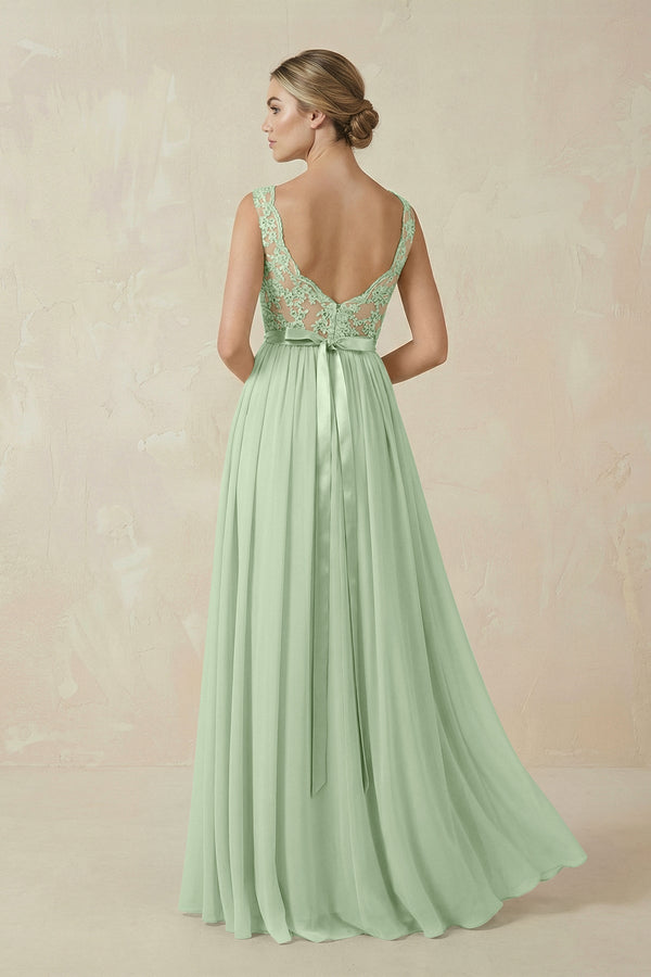 KissProm Lace A-Line Bateau Neck Chiffon Long Bridesmaid Dress in Sage, Sage / 8