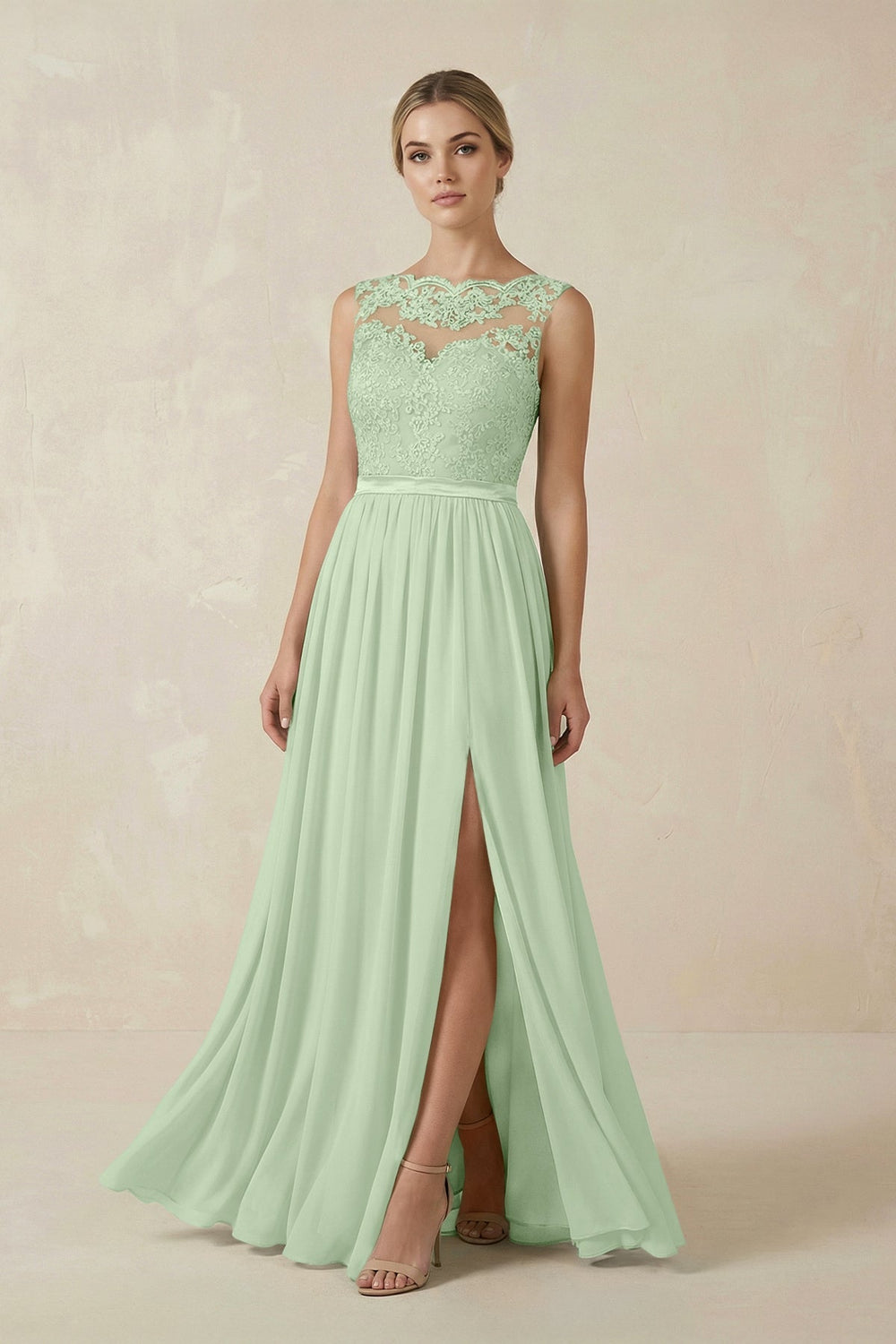 Lace A - Line Bateau Neck Chiffon Long Bridesmaid Dress in Sage - KissProm Bridesmaid Dresses