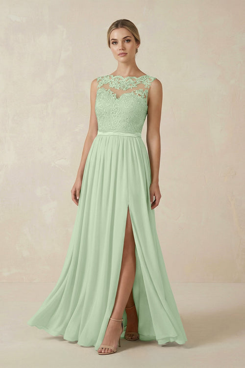 Lace A - Line Bateau Neck Chiffon Long Bridesmaid Dress in Sage - KissProm Bridesmaid Dresses
