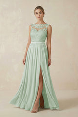 Lace A - Line Bateau Neck Chiffon Long Bridesmaid Dress in Sage - KissProm Bridesmaid Dresses
