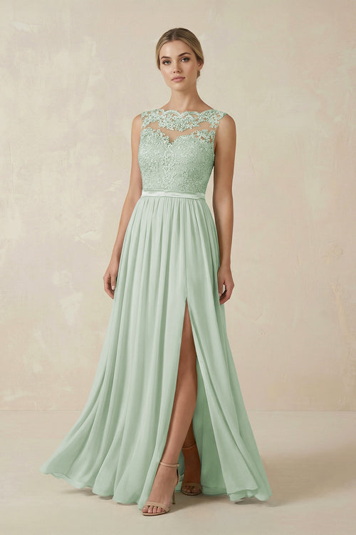 Lace A - Line Bateau Neck Chiffon Long Bridesmaid Dress in Sage - KissProm Bridesmaid Dresses