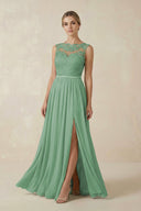 Lace A - Line Bateau Neck Chiffon Long Bridesmaid Dress in Sea Glass - KissProm Bridesmaid Dresses