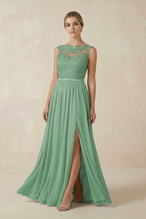 Lace A - Line Bateau Neck Chiffon Long Bridesmaid Dress in Sea Glass - KissProm Bridesmaid Dresses