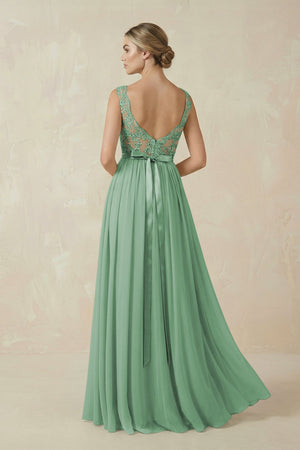 Lace A - Line Bateau Neck Chiffon Long Bridesmaid Dress in Sea Glass - KissProm Bridesmaid Dresses