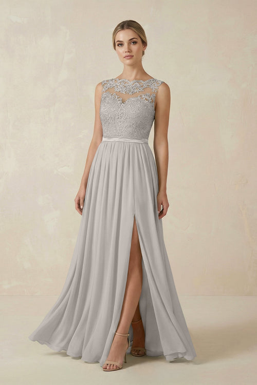 Lace A - Line Bateau Neck Chiffon Long Bridesmaid Dress in Silver - KissProm Bridesmaid Dresses