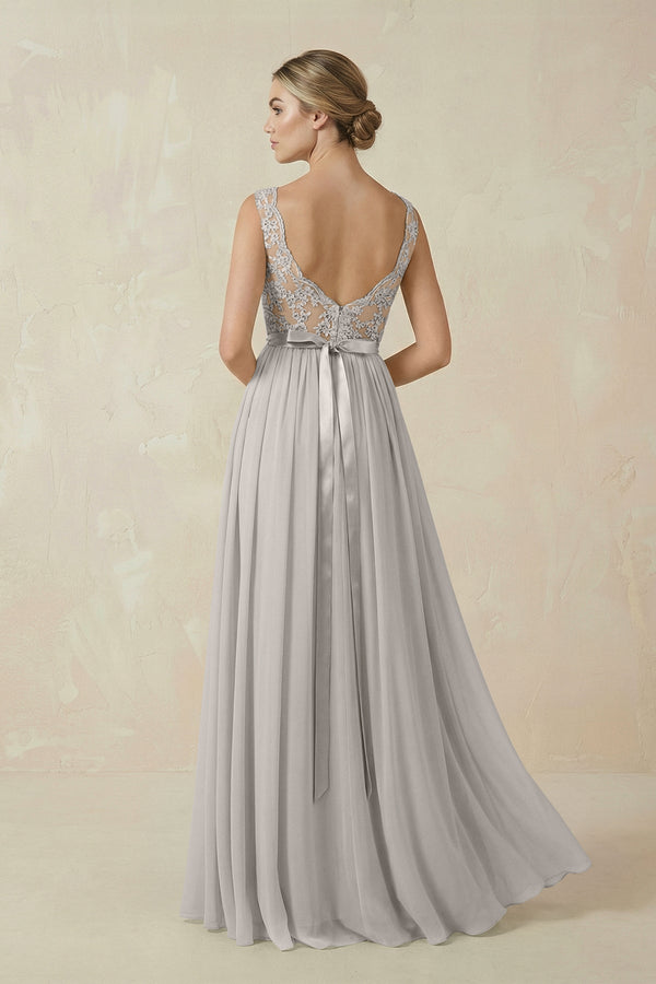 Lace A - Line Bateau Neck Chiffon Long Bridesmaid Dress in Silver - KissProm Bridesmaid Dresses