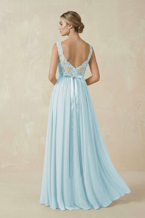 Lace A - Line Bateau Neck Chiffon Long Bridesmaid Dress in Sky Blue - KissProm Bridesmaid Dresses