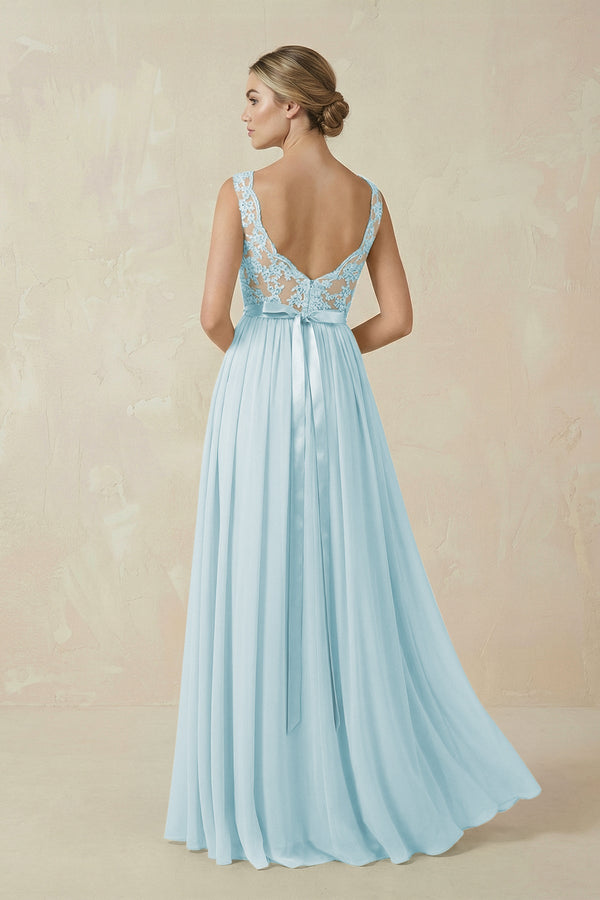 Lace A - Line Bateau Neck Chiffon Long Bridesmaid Dress in Sky Blue - KissProm Bridesmaid Dresses