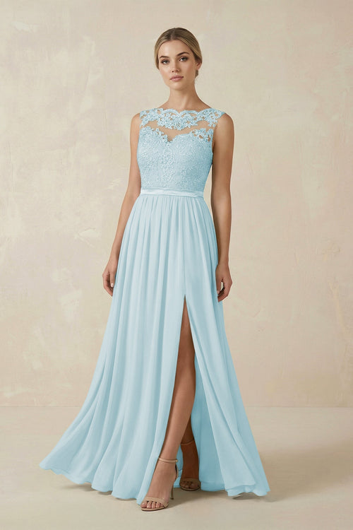 Lace A - Line Bateau Neck Chiffon Long Bridesmaid Dress in Sky Blue - KissProm Bridesmaid Dresses