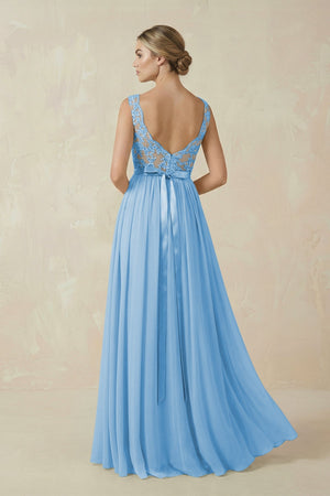 Lace A - Line Bateau Neck Chiffon Long Bridesmaid Dress in Steel Blue - KissProm Bridesmaid Dresses