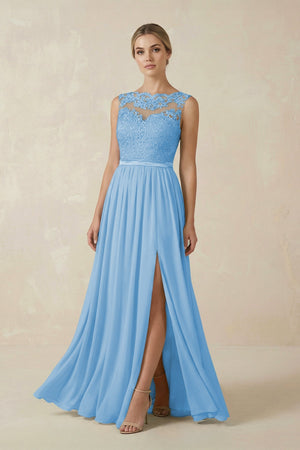 Lace A - Line Bateau Neck Chiffon Long Bridesmaid Dress in Steel Blue - KissProm Bridesmaid Dresses