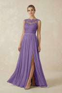 Lace A - Line Bateau Neck Chiffon Long Bridesmaid Dress in Tahiti - KissProm Bridesmaid Dresses