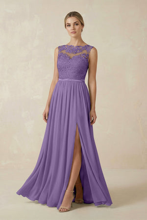 Lace A - Line Bateau Neck Chiffon Long Bridesmaid Dress in Tahiti - KissProm Bridesmaid Dresses