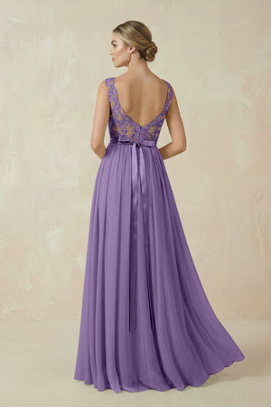 Lace A - Line Bateau Neck Chiffon Long Bridesmaid Dress in Tahiti - KissProm Bridesmaid Dresses