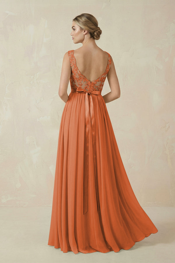 Lace A - Line Bateau Neck Chiffon Long Bridesmaid Dress in Terracotta - KissProm Bridesmaid Dresses