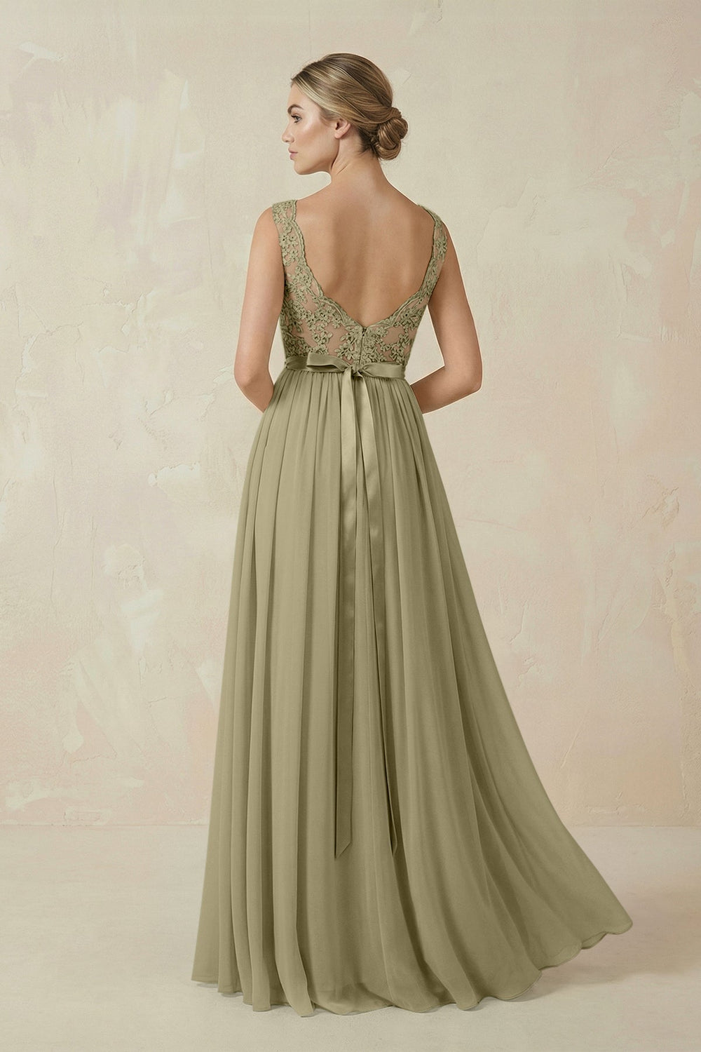 Lace A - Line Bateau Neck Chiffon Long Bridesmaid Dress in Thyme - KissProm Bridesmaid Dresses
