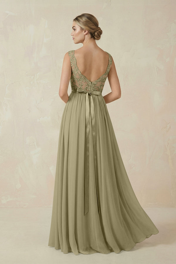 Lace A - Line Bateau Neck Chiffon Long Bridesmaid Dress in Thyme - KissProm Bridesmaid Dresses