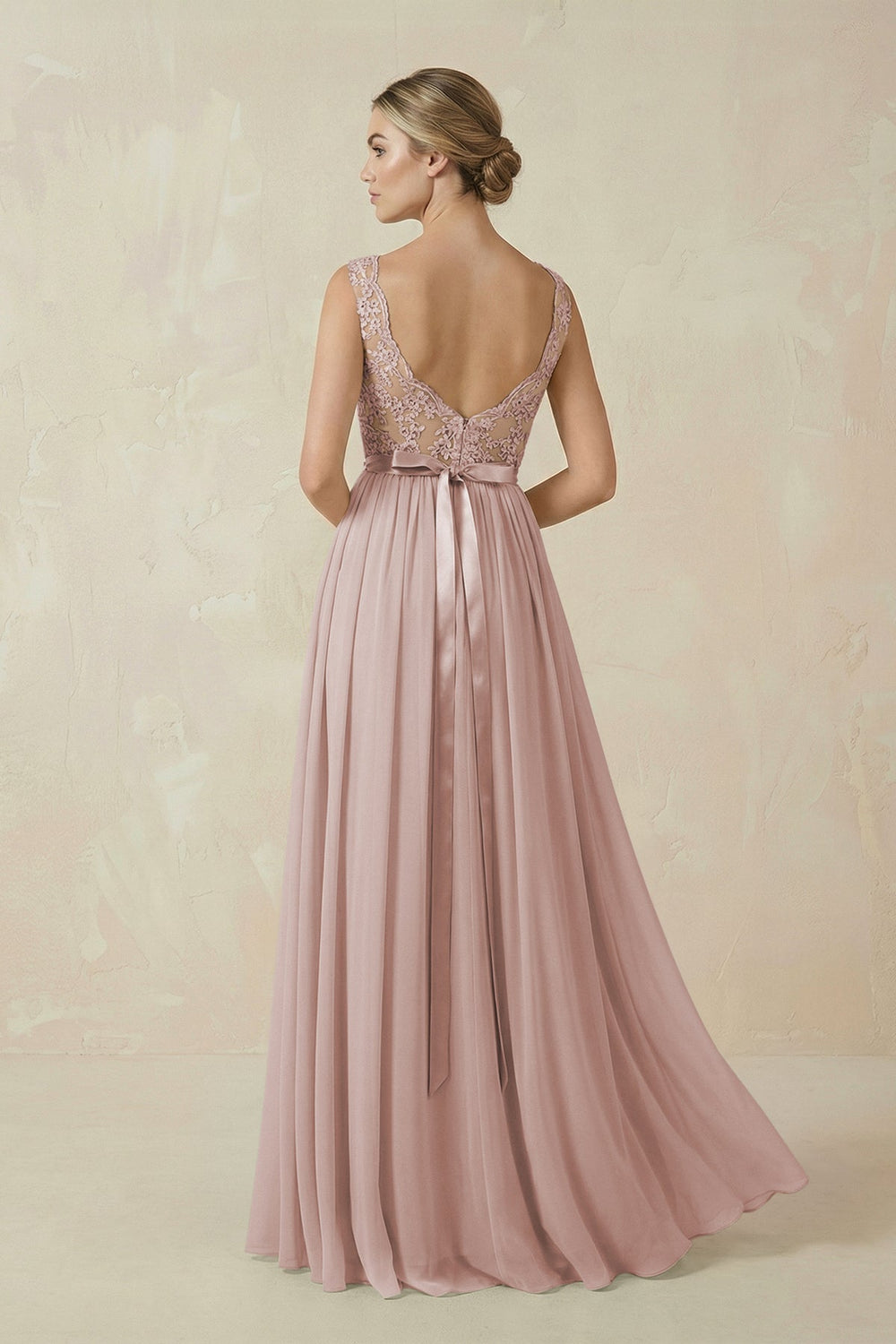 Lace A - Line Bateau Neck Chiffon Long Bridesmaid Dress in Toffee - KissProm Bridesmaid Dresses