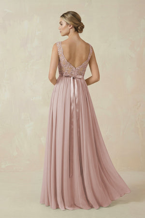 Lace A - Line Bateau Neck Chiffon Long Bridesmaid Dress in Toffee - KissProm Bridesmaid Dresses