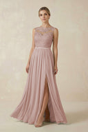 Lace A - Line Bateau Neck Chiffon Long Bridesmaid Dress in Toffee - KissProm Bridesmaid Dresses