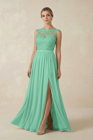 turquoise summer bridesmaid dresses Lace A-Line Bateau Neck Chiffon Long Bridesmaid Dress in Turquoise, Turquoise / 10