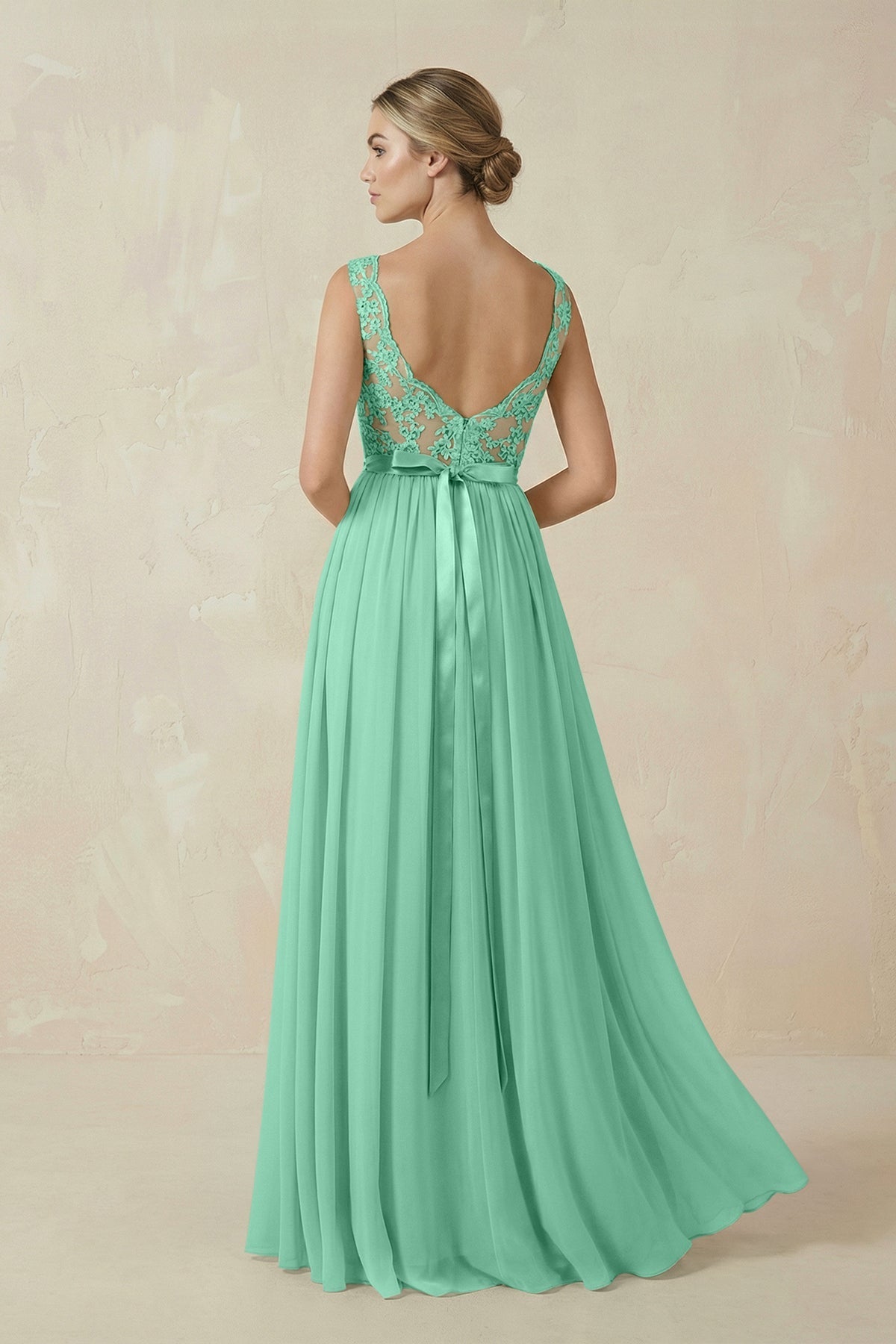 Lace A-Line Bateau Neck Chiffon Long Bridesmaid Dress in Turquoise, Turquoise / 10 Lace A-Line Bateau Neck Chiffon Long Bridesmaid Dress in Turquoise, Turquoise / 10
