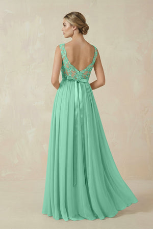 Lace A - Line Bateau Neck Chiffon Long Bridesmaid Dress in Turquoise - KissProm Bridesmaid Dresses
