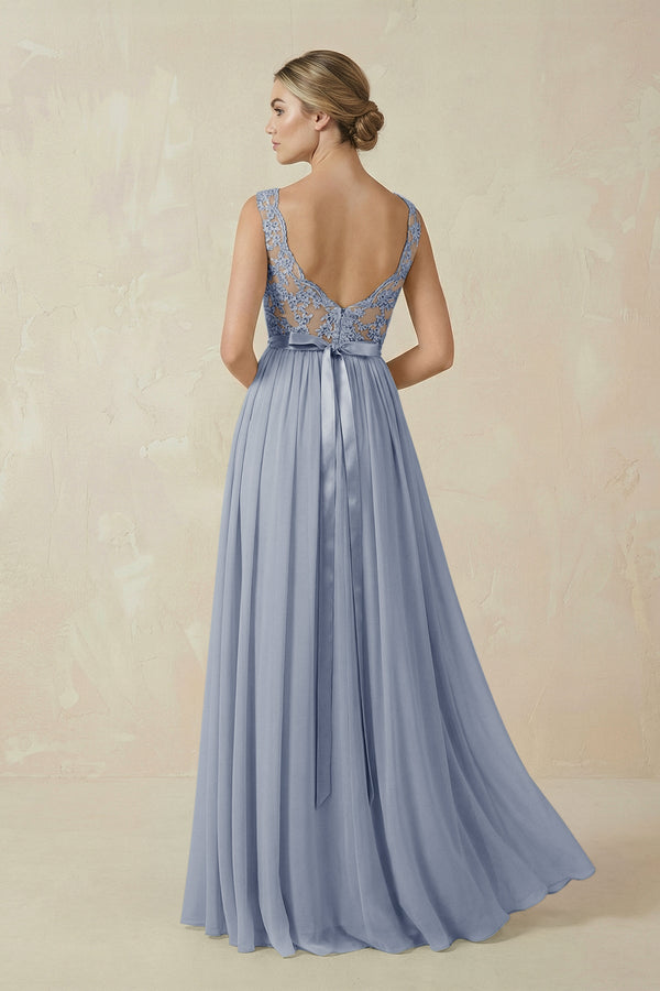Lace A - Line Bateau Neck Chiffon Long Bridesmaid Dress in Twilight - KissProm Bridesmaid Dresses