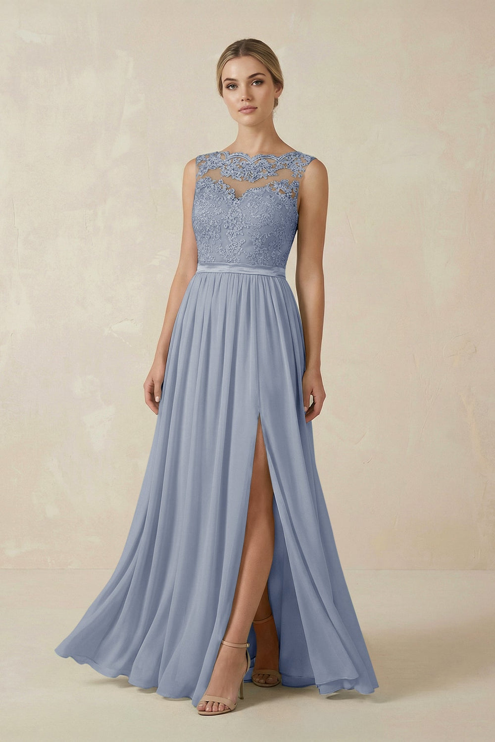 Lace A - Line Bateau Neck Chiffon Long Bridesmaid Dress in Twilight - KissProm Bridesmaid Dresses