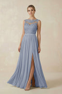 Lace A - Line Bateau Neck Chiffon Long Bridesmaid Dress in Twilight - KissProm Bridesmaid Dresses