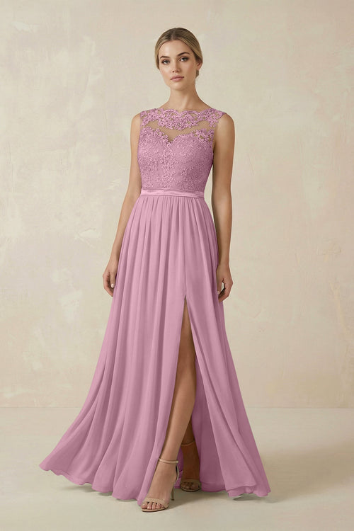 KissProm Lace A-Line Bateau Neck Chiffon Long Bridesmaid Dress in Vintage Mauve, Vintage Mauve / 22