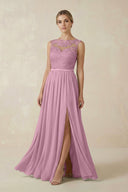 Lace A - Line Bateau Neck Chiffon Long Bridesmaid Dress in Vintage Mauve - KissProm Bridesmaid Dresses