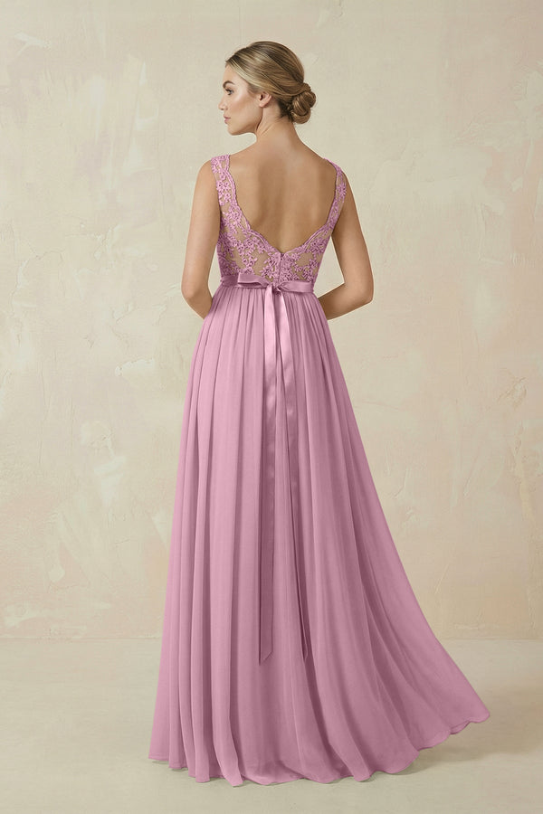 KissProm Lace A-Line Bateau Neck Chiffon Long Bridesmaid Dress in Vintage Mauve, Vintage Mauve / 22