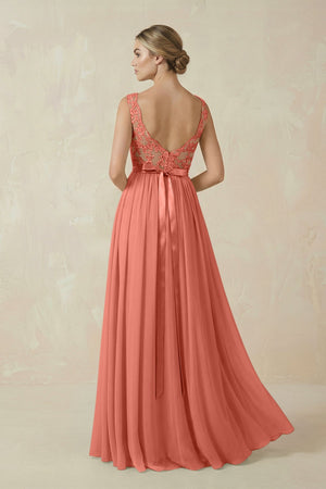 Lace A - Line Bateau Neck Chiffon Long Bridesmaid Dress in Wild Rose - KissProm Bridesmaid Dresses