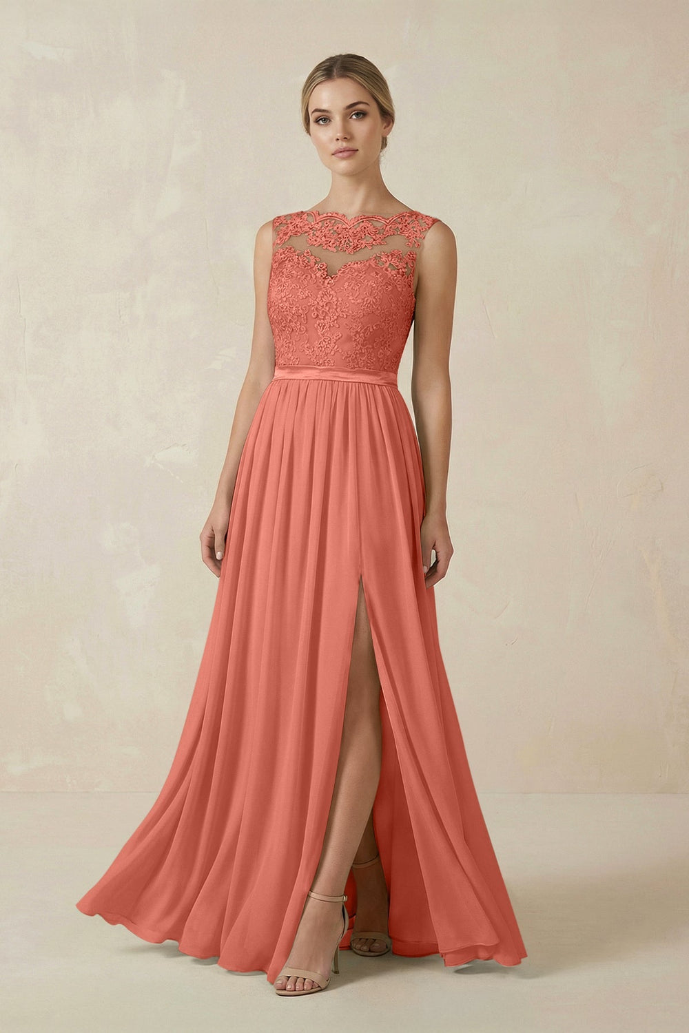 Lace A - Line Bateau Neck Chiffon Long Bridesmaid Dress in Wild Rose - KissProm Bridesmaid Dresses