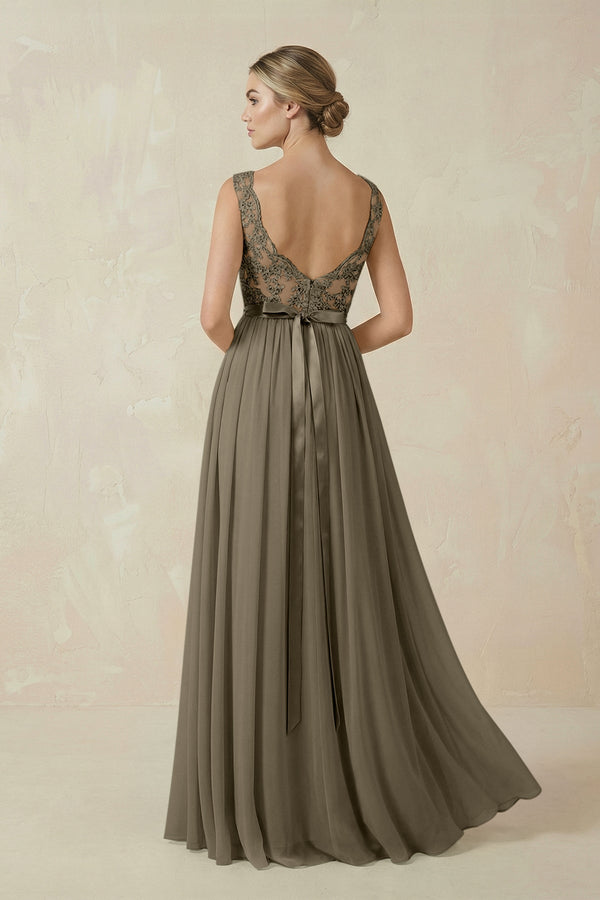 Lace A - Line Bateau Neck Chiffon Long Bridesmaid Dress in Willow Green - KissProm Bridesmaid Dresses