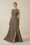 Lace A - Line Bateau Neck Chiffon Long Bridesmaid Dress in Willow Green - KissProm Bridesmaid Dresses