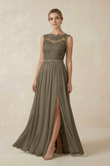 Lace A - Line Bateau Neck Chiffon Long Bridesmaid Dress in Willow Green - KissProm Bridesmaid Dresses