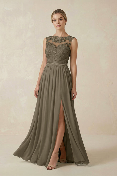 Lace A - Line Bateau Neck Chiffon Long Bridesmaid Dress in Willow Green - KissProm Bridesmaid Dresses