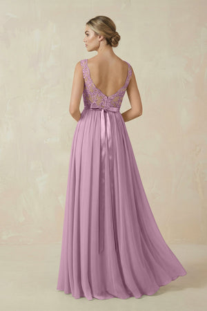 Lace A - Line Bateau Neck Chiffon Long Bridesmaid Dress in Wisteria - KissProm Bridesmaid Dresses