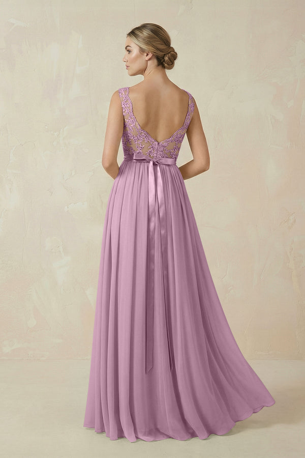 Lace A - Line Bateau Neck Chiffon Long Bridesmaid Dress in Wisteria - KissProm Bridesmaid Dresses
