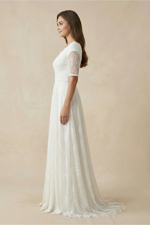 Lace A - Line Scoop Neck Wedding Dress With Sleeve in White - KissProm Wedding Dresses