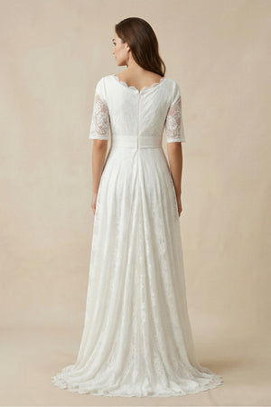 Lace A - Line Scoop Neck Wedding Dress With Sleeve in White - KissProm Wedding Dresses