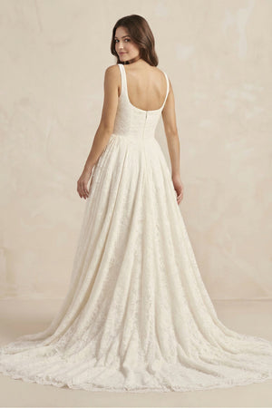 Lace A - Line Square Neck Wedding Dress With Train in Ivory - KissProm Wedding Dresses