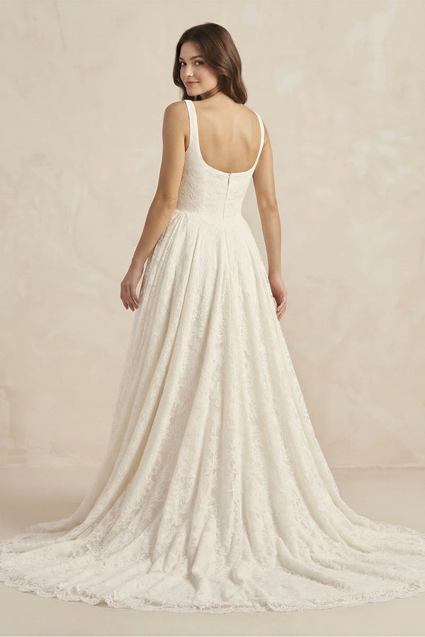 Lace A - Line Square Neck Wedding Dress With Train in Ivory - KissProm Wedding Dresses