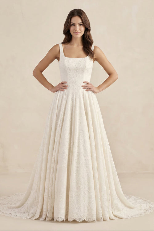 Lace A - Line Square Neck Wedding Dress With Train in Ivory - KissProm Wedding Dresses
